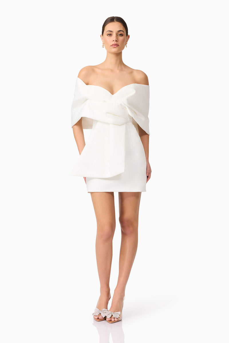 elida white twill off shoulder mini dress House OF CB Womens White Posy Print Elida Off-The-Shoulder Floral-Print Woven Mini Dress L