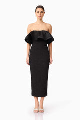 Brunette model wearing Dandelion Strapless Midi Dress in Black front shot