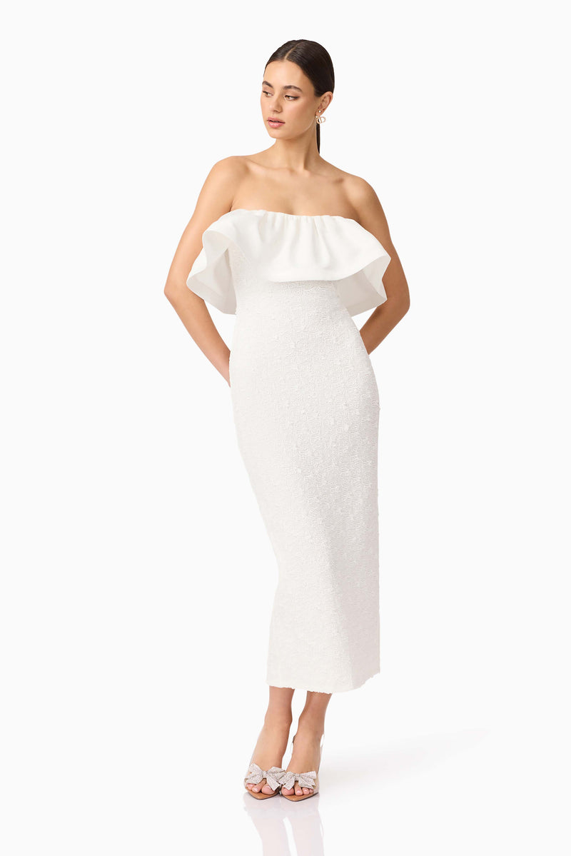 Dandelione Strapless Midi Dress in White | Gathered Tulip Detailing Elliatt Dandelione Strapless Midi Dress in White | Gathered Tulip Detailing Elliatt