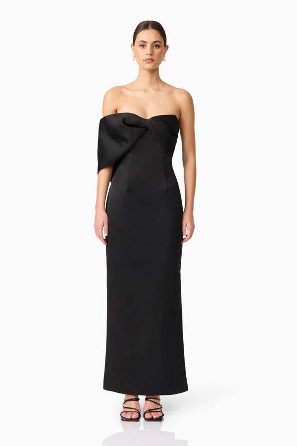 Brunette model wearing Dandelione Strapless Gown in Black front shot