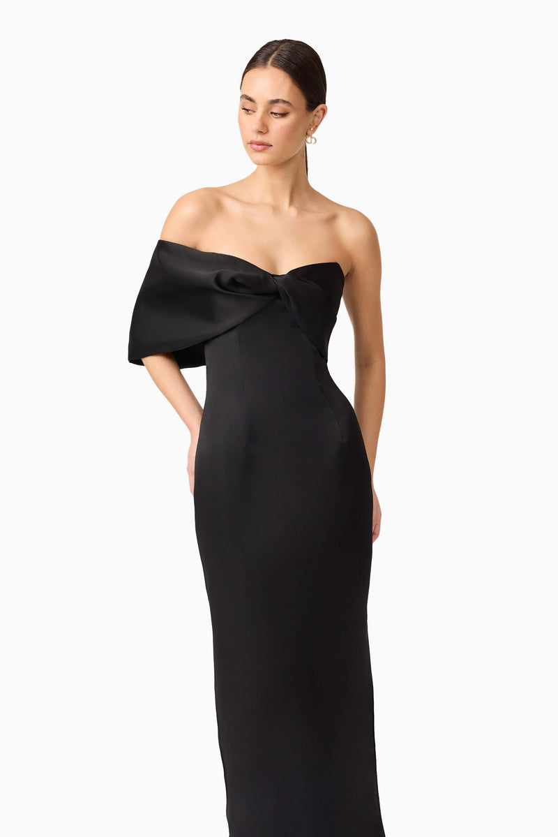 Brunette model wearing Dandelione Strapless Gown in Black close up posed shot