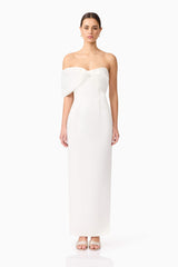 Brunette model wearing Dandelion Strapless Gown in White front shot