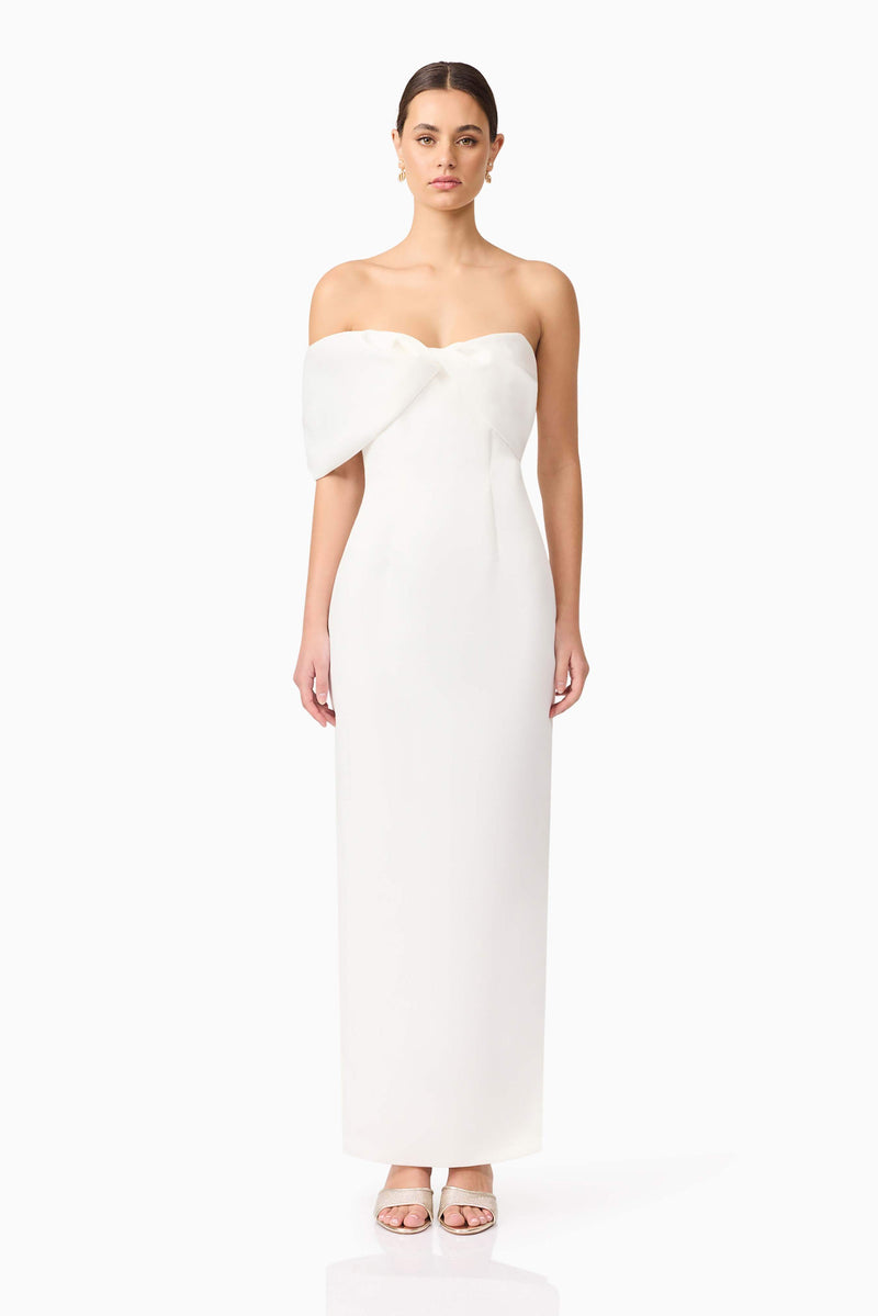 Brunette model wearing Dandelion Strapless Gown in White front shot