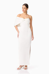 Brunette model wearing Dandelion Strapless Gown in White posed shot