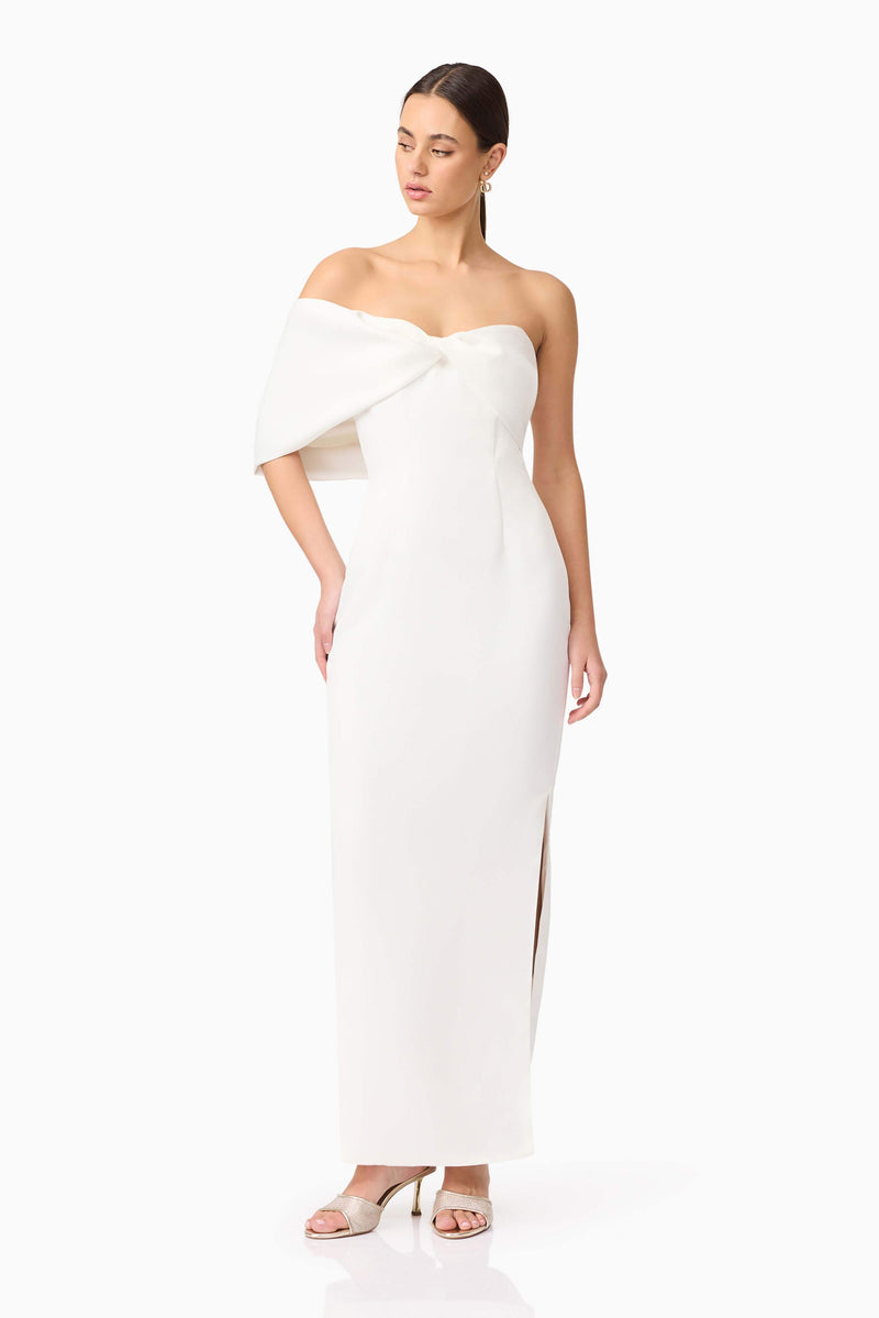 Brunette model wearing Dandelion Strapless Gown in White posed shot