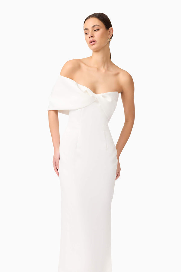 Brunette model wearing Dandelion Strapless Gown in White close up posed shot