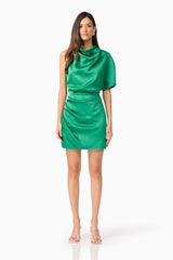 Brunette model wears Ameera One Shoulder Mini Dress in Green front view
