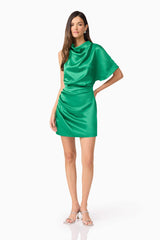 Brunette model wears Ameera One Shoulder Mini Dress in Green front view pose
