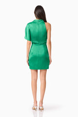 Brunette model wears Ameera One Shoulder Mini Dress in Green back view