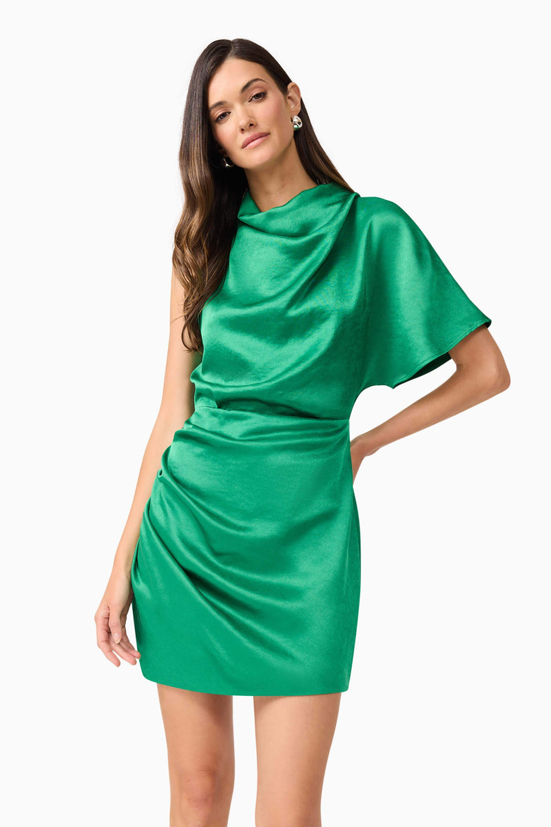 Brunette model wears Ameera One Shoulder Mini Dress in Green front close pose