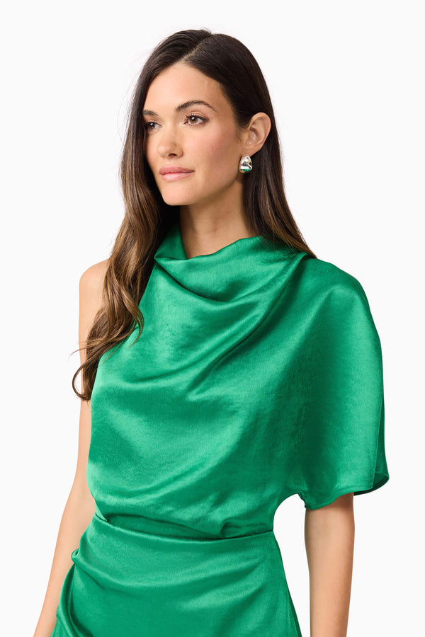 Brunette model wears Ameera One Shoulder Mini Dress in Green side close profile