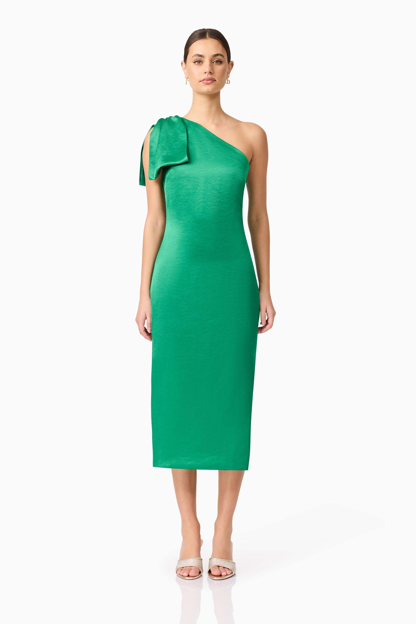 green emerald velvet dress Ameera Asymmetrical Midi Dress in Green – Elliatt