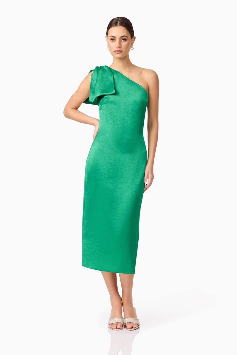 Brunette model wears Ameera Midi Dress in Green posed shot