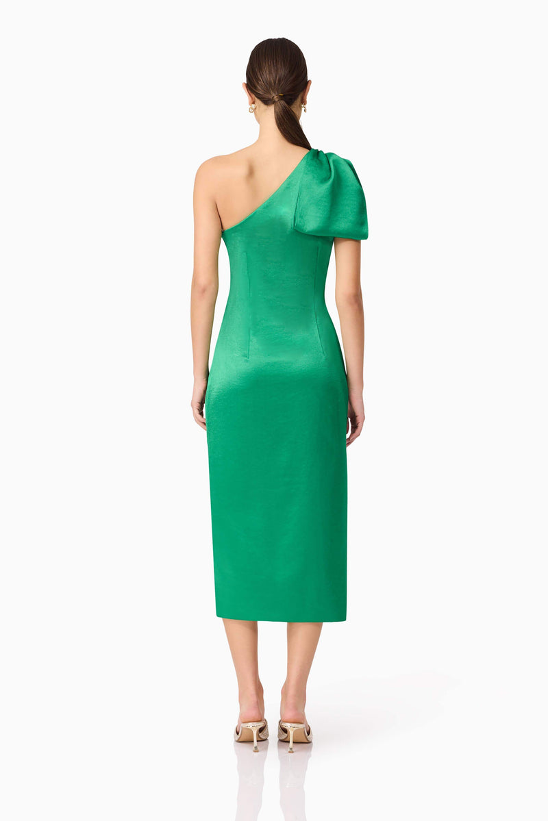 Brunette model wears Ameera Midi Dress in Green back shot