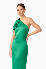 Brunette model wears Ameera Midi Dress in Green close up posed shot
