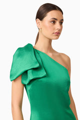 Brunette model wears Ameera Midi Dress in Green close up shot