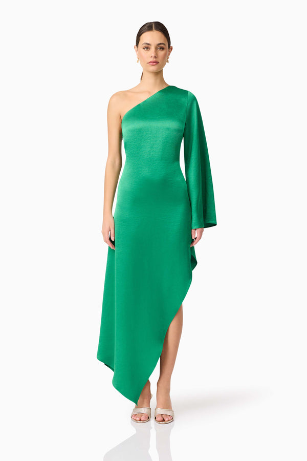 Brunette model wearing Ameera One Shoulder Hilo Gown in Green front shot