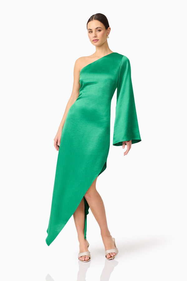 Brunette model wearing Ameera One Shoulder Hilo Gown in Green posed shot