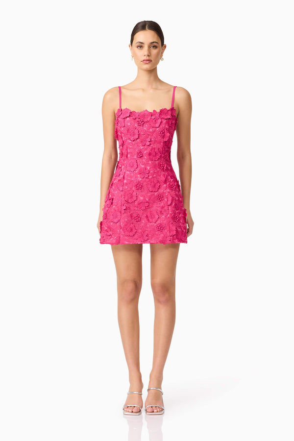Brunette model wearing Claudia Party Dress in Pink front shot