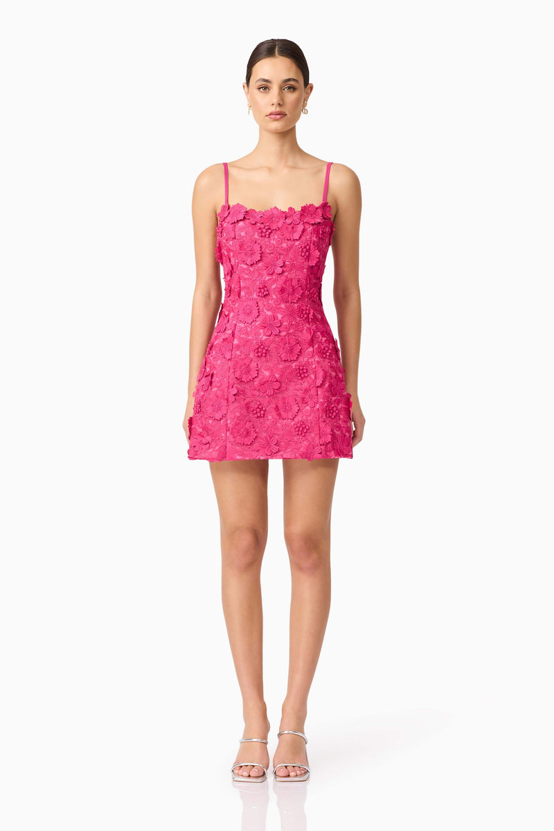 Brunette model wearing Claudia Party Dress in Pink front shot