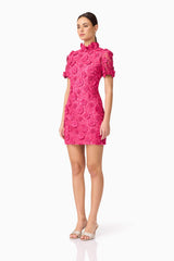 Brunette model wears Claudia Short Sleeve Mini Dress Side View