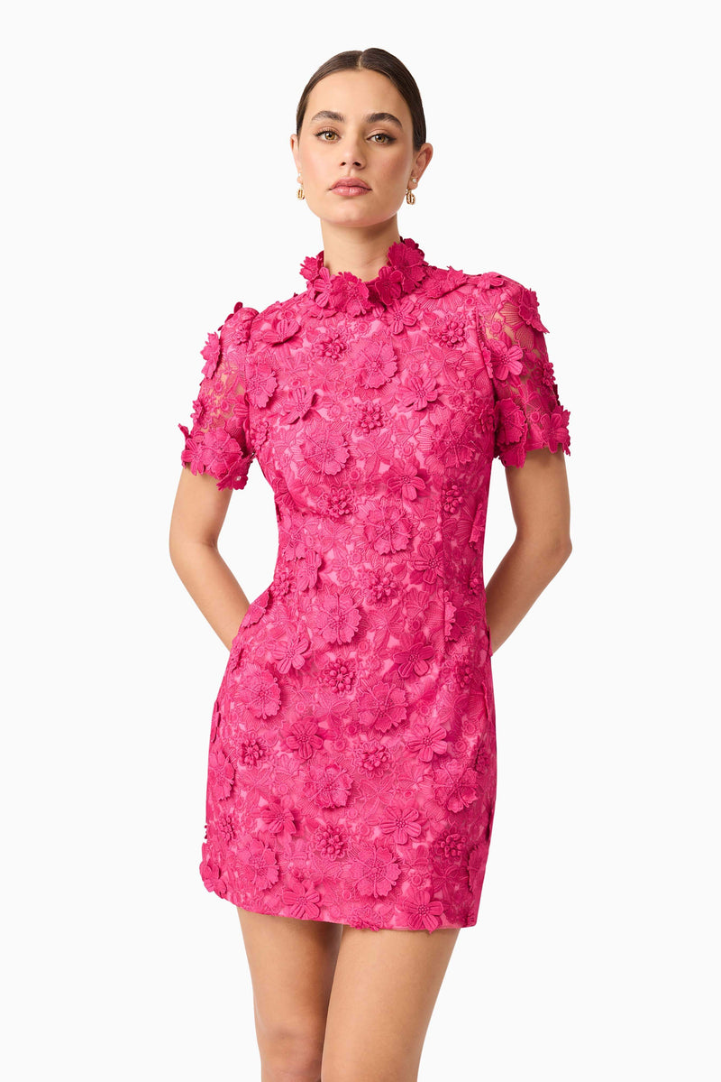 Brunette model wears Claudia Short Sleeve Mini Dress posing close up