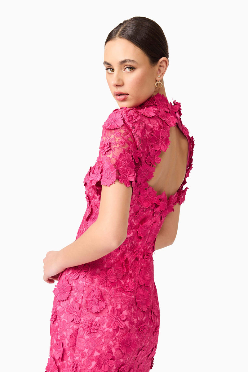 Brunette model wears Claudia Short Sleeve Mini Dress turned close up