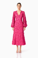 Brunette model wearing Claudia Long Sleeve Midi Dress in Pink front shot