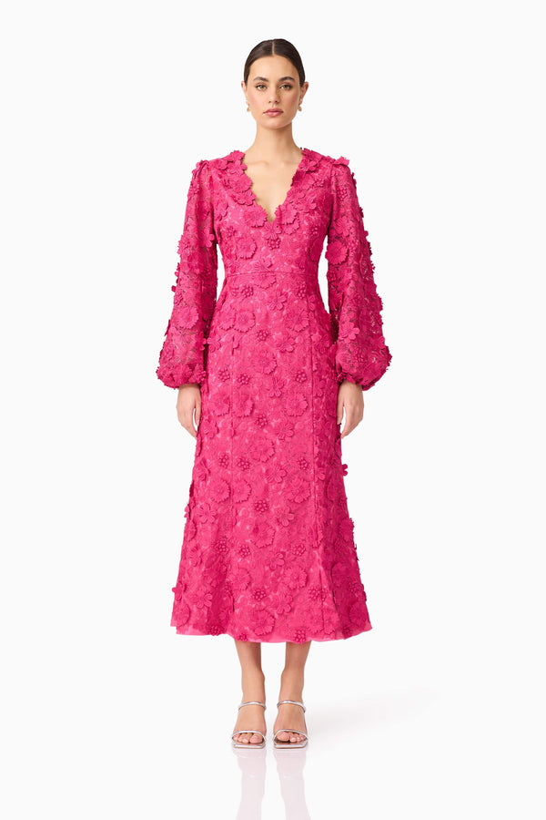 Brunette model wearing Claudia Long Sleeve Midi Dress in Pink front shot