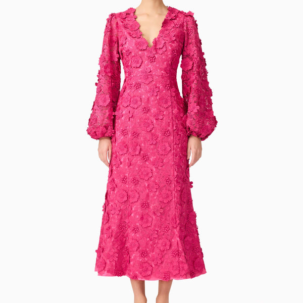 kailee texture long sleeve midi dress Claudia Long Sleeve Midi Dress in Pink| 3D Flower Detailing – Elliatt