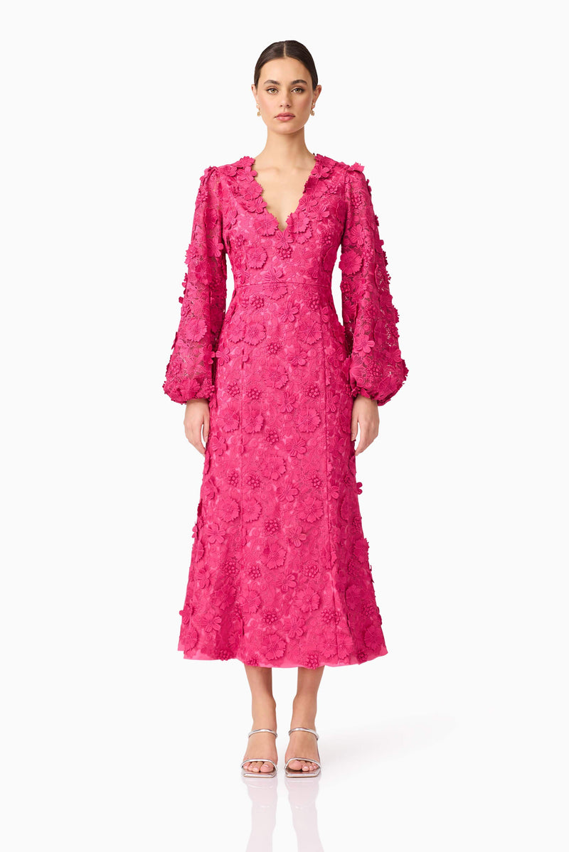 Brunette model wearing Claudia Long Sleeve Midi Dress in Pink front shot