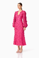 Brunette model wearing Claudia Long Sleeve Midi Dress in Pink side shot