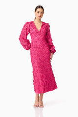Brunette model wearing Claudia Long Sleeve Midi Dress in Pink posed shot