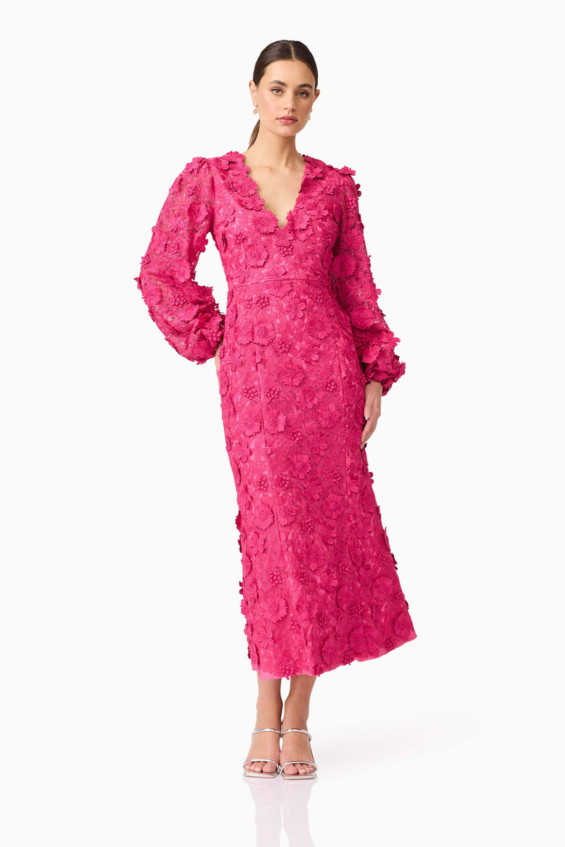 Brunette model wearing Claudia Long Sleeve Midi Dress in Pink posed shot
