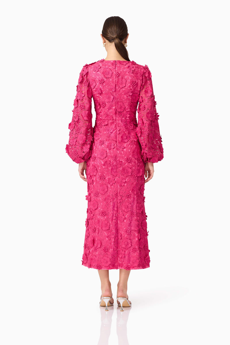 Brunette model wearing Claudia Long Sleeve Midi Dress in Pink back shot