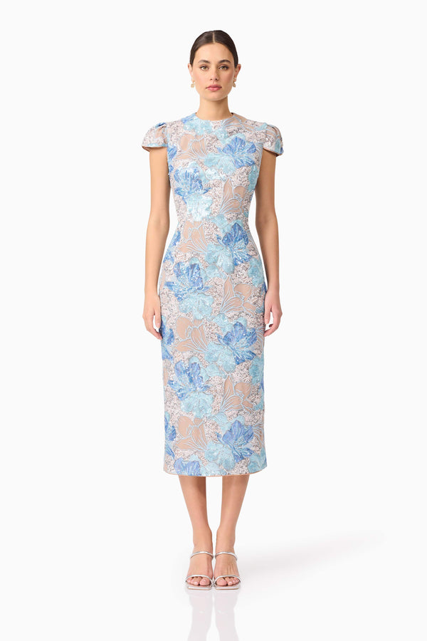 Brunette model wearing Leonie Sequin Midi Dress in Blue front shot