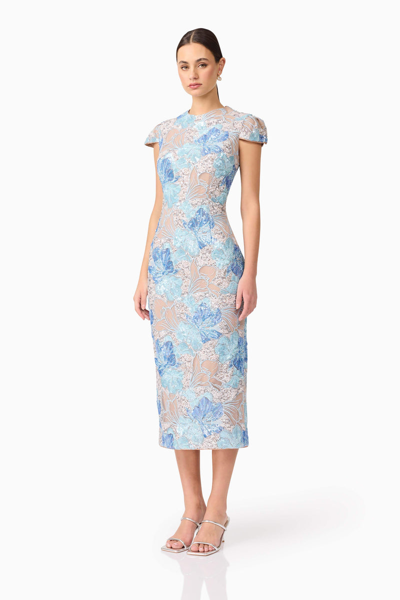 Brunette model wearing Leonie Sequin Midi Dress in Blue side shot