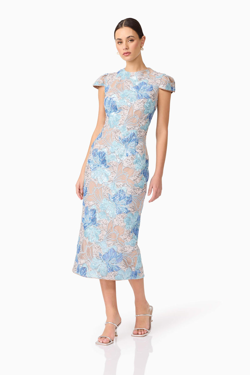 Brunette model wearing Leonie Sequin Midi Dress in Blue posed shot
