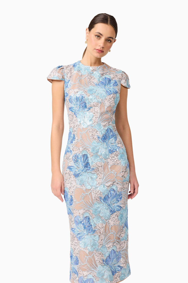 Brunette model wearing Leonie Sequin Midi Dress in Blue close up shot