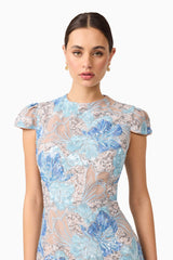 Brunette model wearing Leonie Sequin Midi Dress in Blue close up posed shot