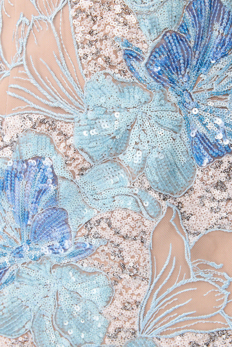 Brunette model wearing Leonie Sequin Midi Dress in Blue detail shot