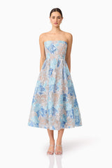 Brunette model wearing Leonie Cocktail Midi Dress in Blue front shot