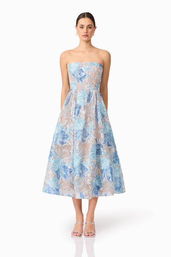 Brunette model wearing Leonie Cocktail Midi Dress in Blue front shot