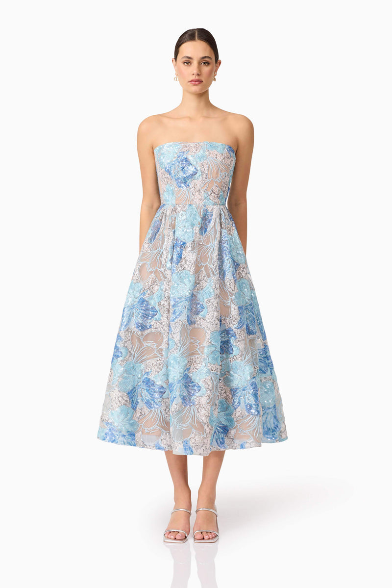 Brunette model wearing Leonie Cocktail Midi Dress in Blue front shot