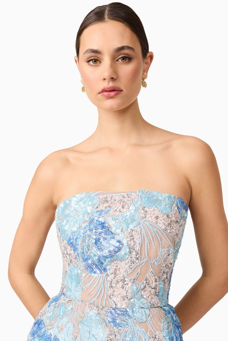 Brunette model wearing Leonie Cocktail Midi Dress in Blue detail shot