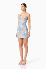 Brunette model wearing Leonie Sequin Mini Dress in Blue side shot