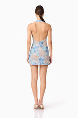 Brunette model wearing Leonie Sequin Mini Dress in Blue back shot