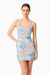 Brunette model wearing Leonie Sequin Mini Dress in Blue close up posed shot