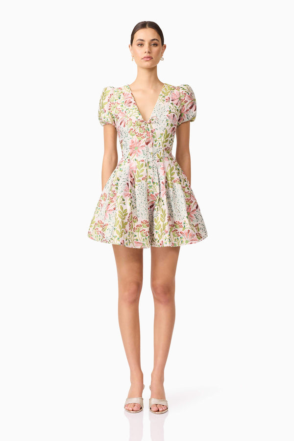 Brunette model in Calaantha Puff Sleeve Mini Dress in Floral front shot