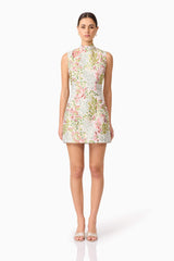 Brunette model in Calaantha Mini Dress in Floral front shot